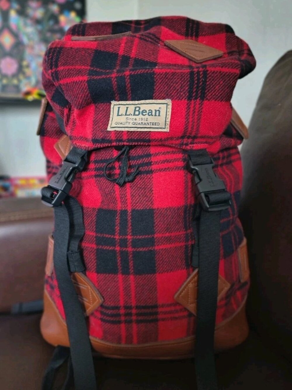 LL Bean Plaid Wool And Leather Daypack